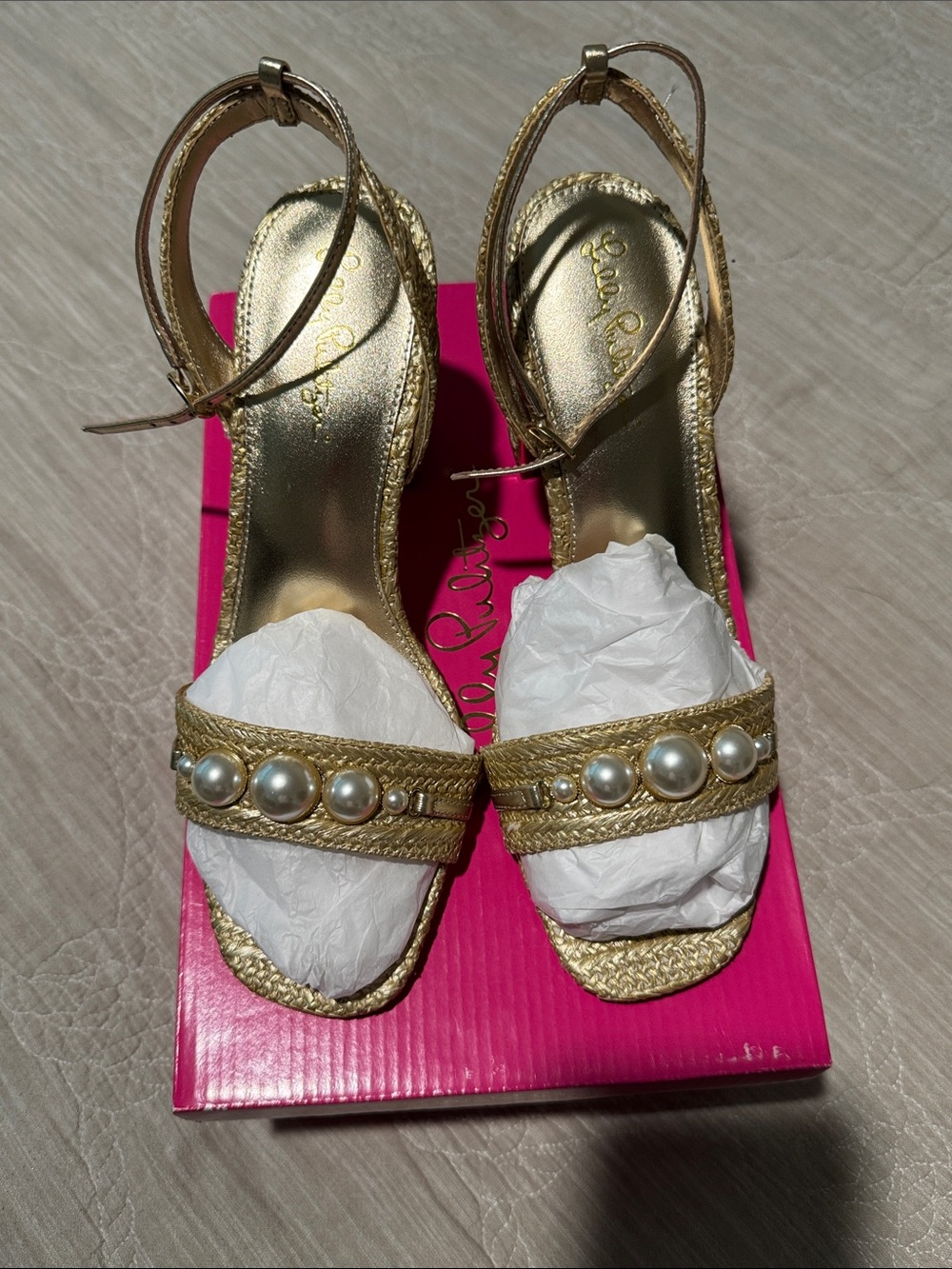 Lilly Pulitzer Gold Pearl-Embellished Ankle-Strap Sandals